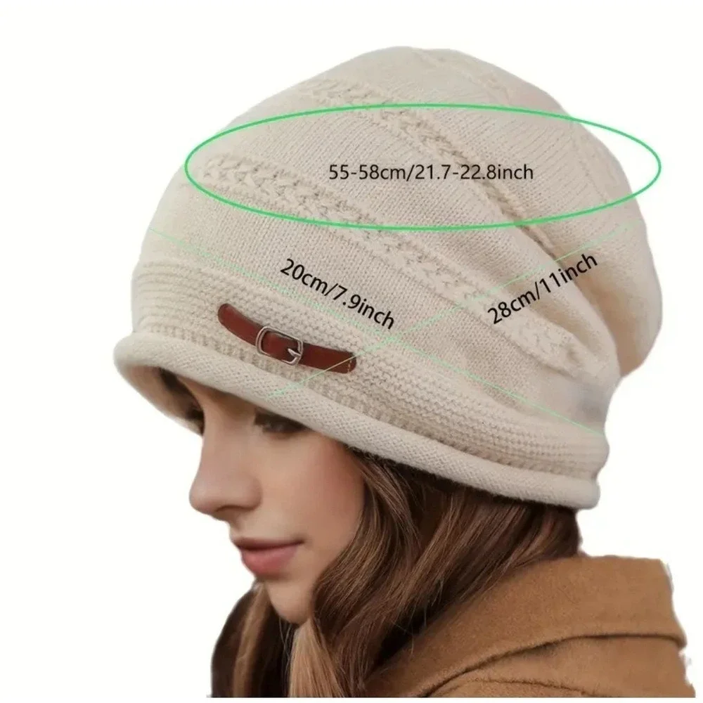 Slouchy Stretchy Winter Cozy Cream‎ Buckle Beanie Knit Hat OS Thick Soft Lined